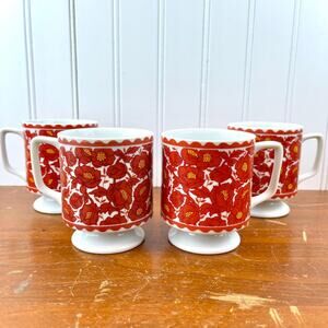 Vintage Floral Footed Mugs, Orange and Yellow Floral Coffee Tea Mugs, Ceramic